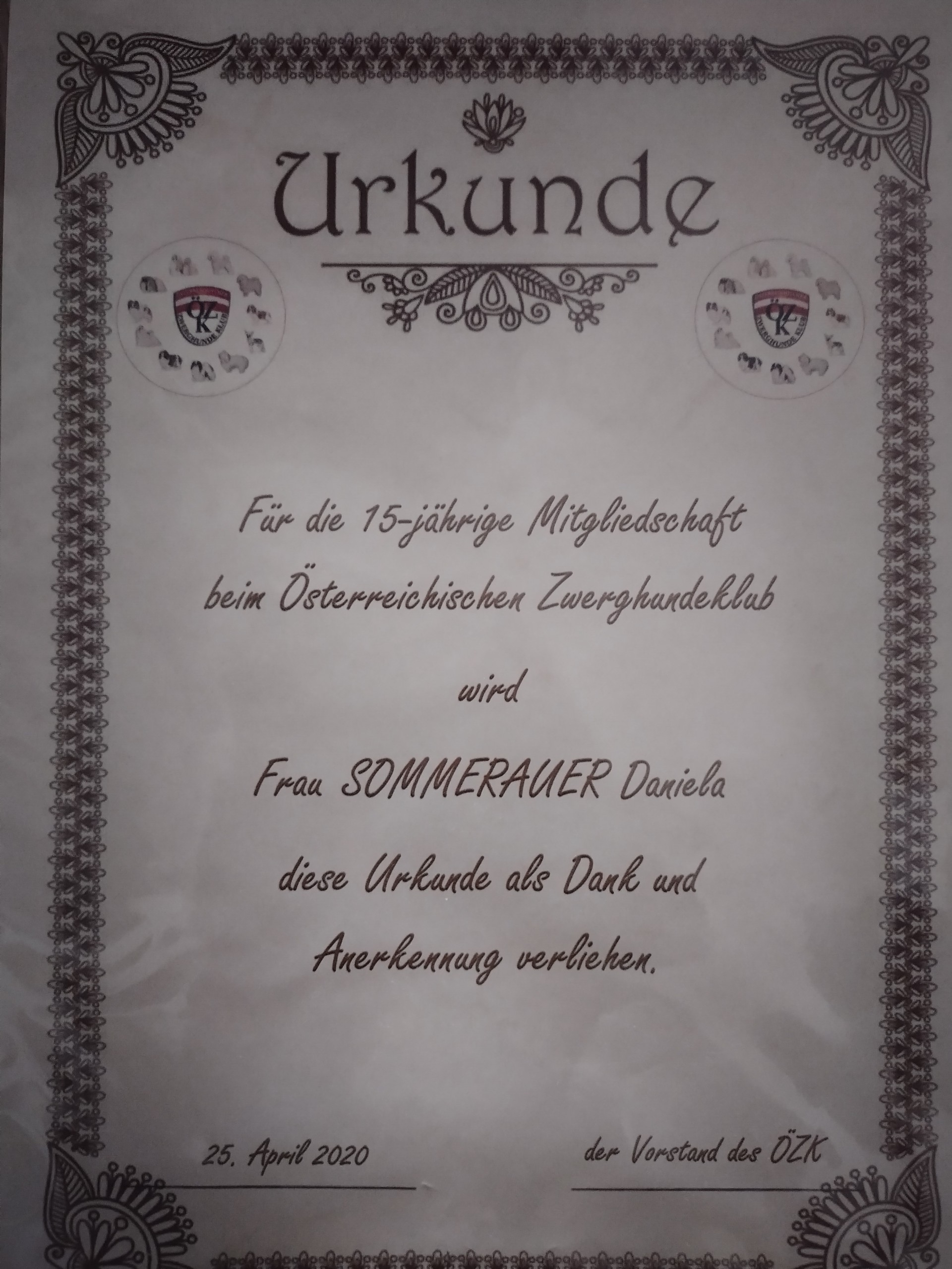 Ehrenurkunde Mitgliedschaft im Zwerghundeklub